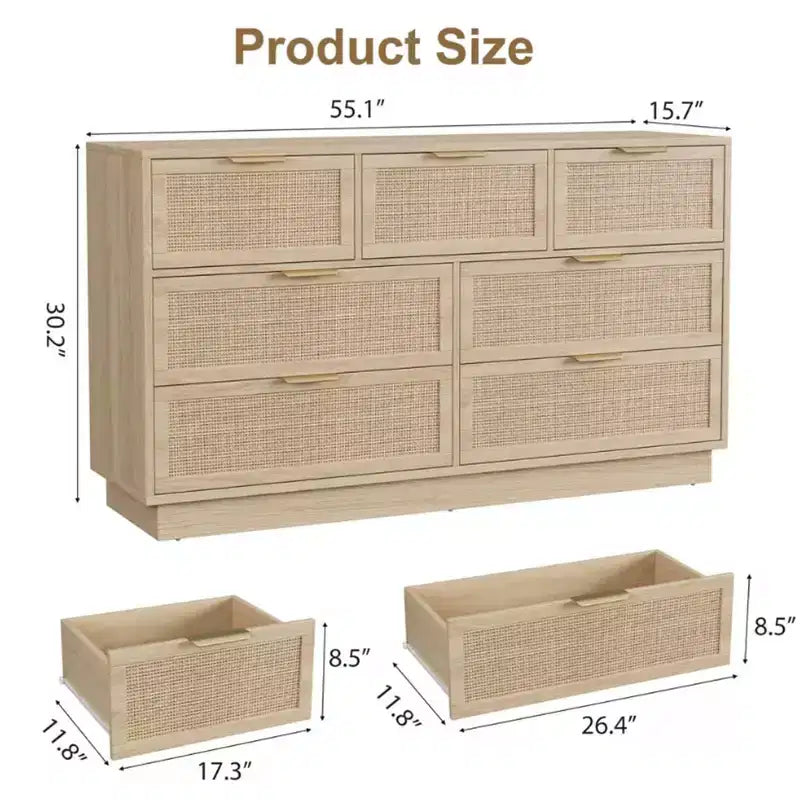 Rattan 7 Drawer Dresser, 55in Wide 7 Chest of Drawers with Metal Handles and Wooden Sturdy Base for Bedroom Living Room Nursery