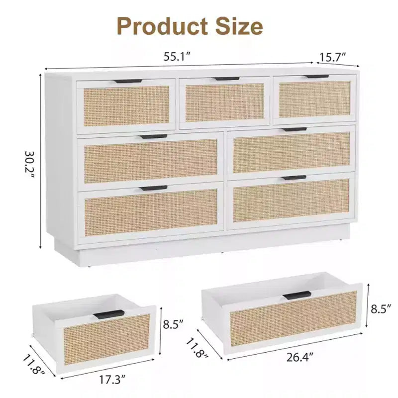 Rattan 7 Drawer Dresser, 55in Wide 7 Chest of Drawers with Metal Handles and Wooden Sturdy Base for Bedroom Living Room Nursery