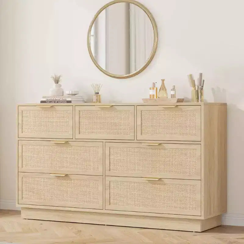 Rattan 7 Drawer Dresser, 55in Wide 7 Chest of Drawers with Metal Handles and Wooden Sturdy Base for Bedroom Living Room Nursery