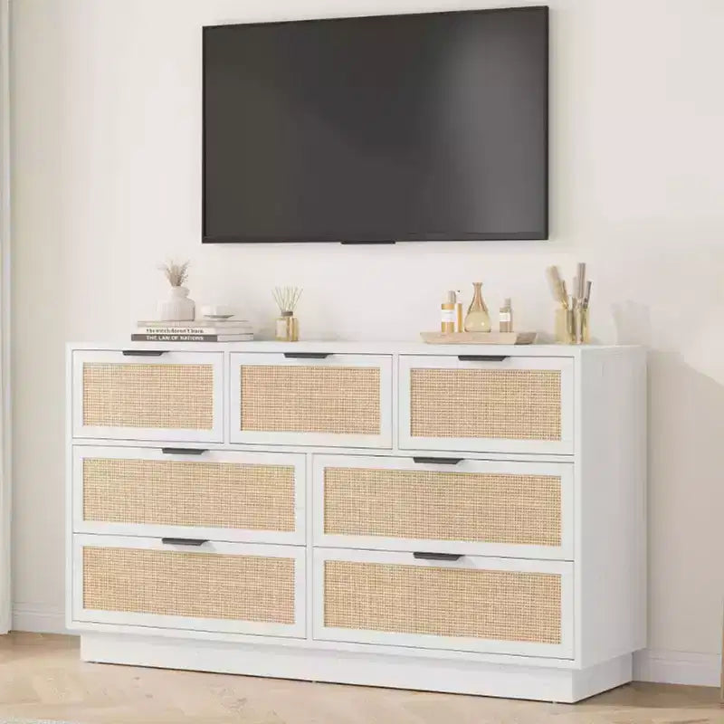 Rattan 7 Drawer Dresser, 55in Wide 7 Chest of Drawers with Metal Handles and Wooden Sturdy Base for Bedroom Living Room Nursery