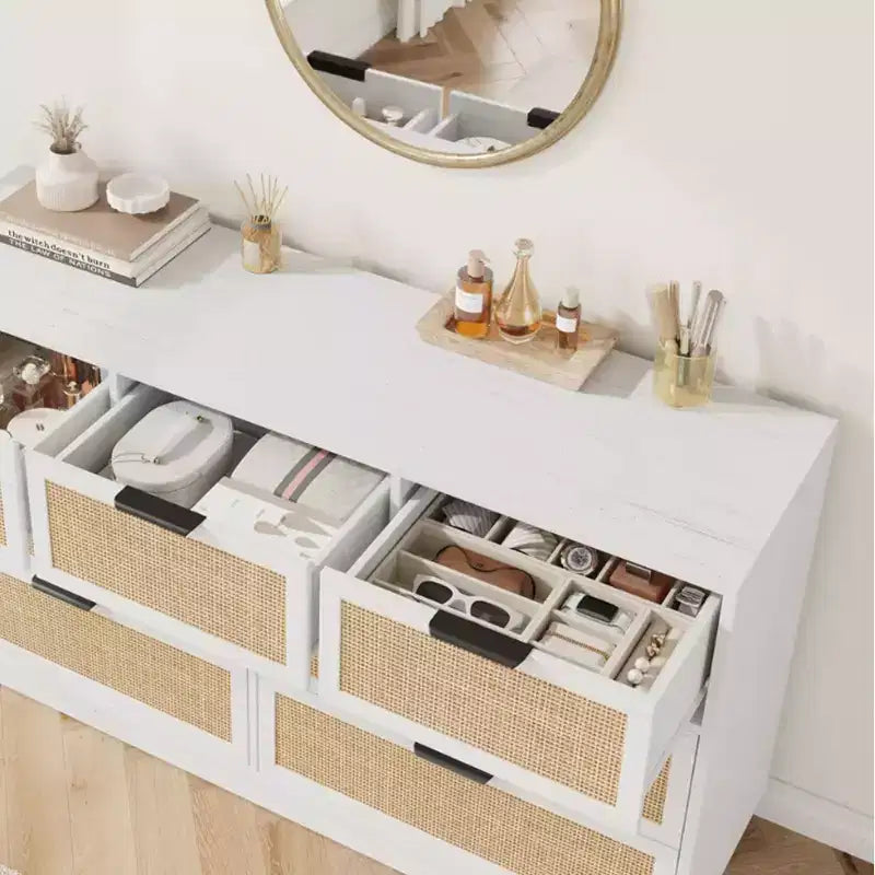 Rattan 7 Drawer Dresser, 55in Wide 7 Chest of Drawers with Metal Handles and Wooden Sturdy Base for Bedroom Living Room Nursery
