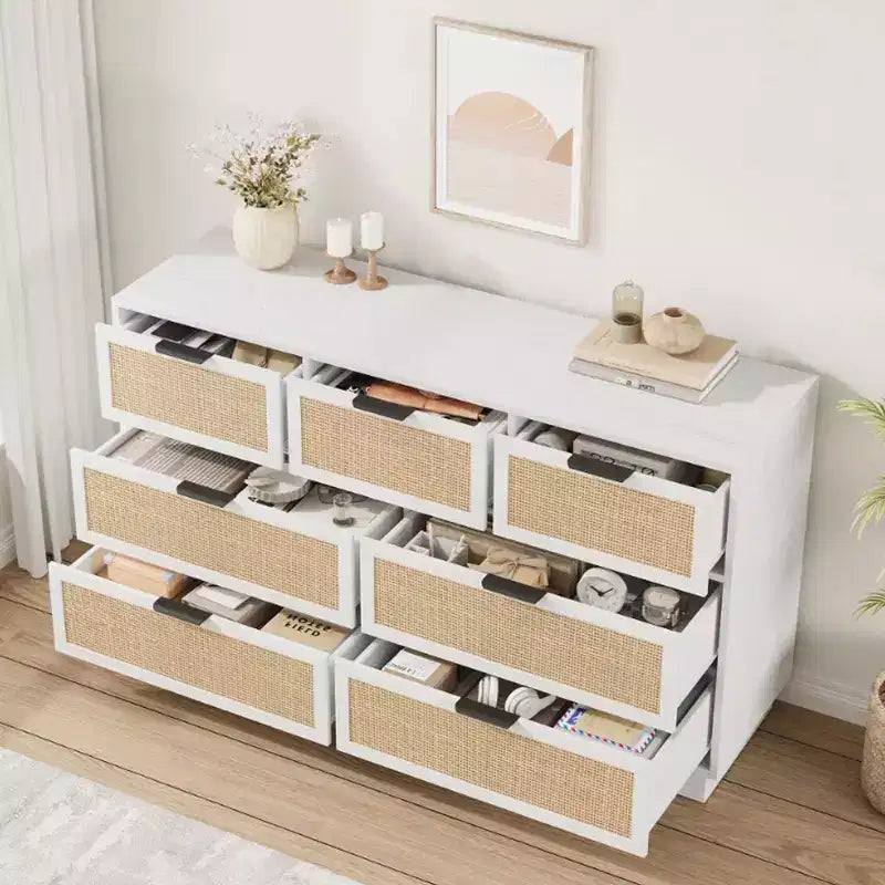 Rattan 7 Drawer Dresser, 55in Wide 7 Chest of Drawers with Metal Handles and Wooden Sturdy Base for Bedroom Living Room Nursery