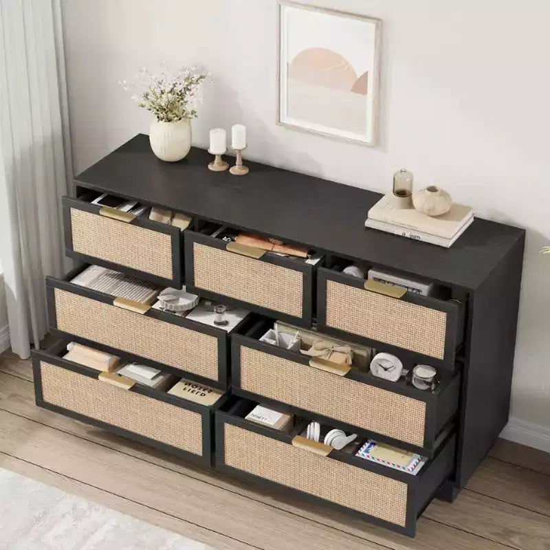 Rattan 7 Drawer Dresser, 55in Wide 7 Chest of Drawers with Metal Handles and Wooden Sturdy Base for Bedroom Living Room Nursery