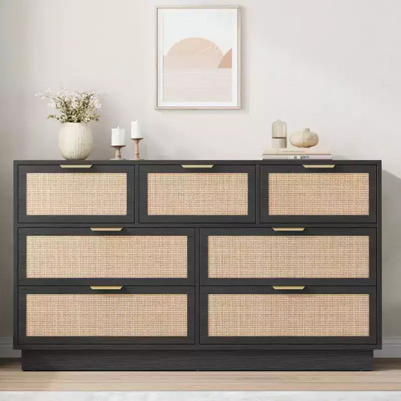 Rattan 7 Drawer Dresser, 55in Wide 7 Chest of Drawers with Metal Handles and Wooden Sturdy Base for Bedroom Living Room Nursery