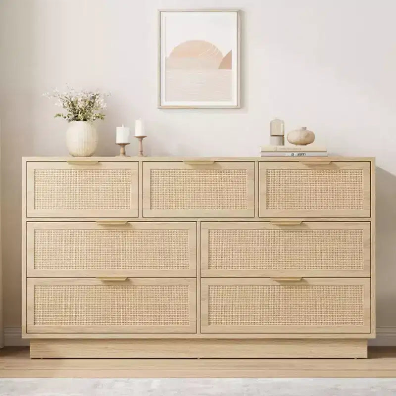 Rattan 7 Drawer Dresser, 55in Wide 7 Chest of Drawers with Metal Handles and Wooden Sturdy Base for Bedroom Living Room Nursery