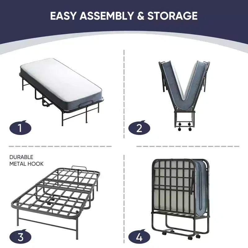 Mjkone Folding Bed with 5''Mattress,Portable Guest Bed Camping Cot,Soft Padded Rollaway Sleeping Bed with Wheels,Twin Size