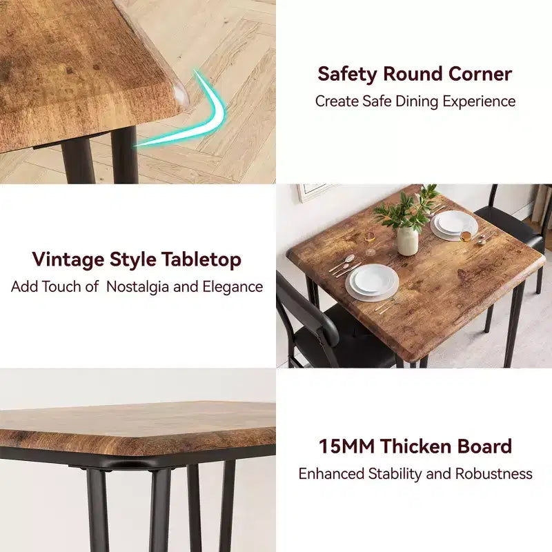 3 Piece Dining Table Set, Kitchen Dining Room Table Set for , Square Table, Metal Frame, MDF Board, Upholstered Chairs, Easy Assembly