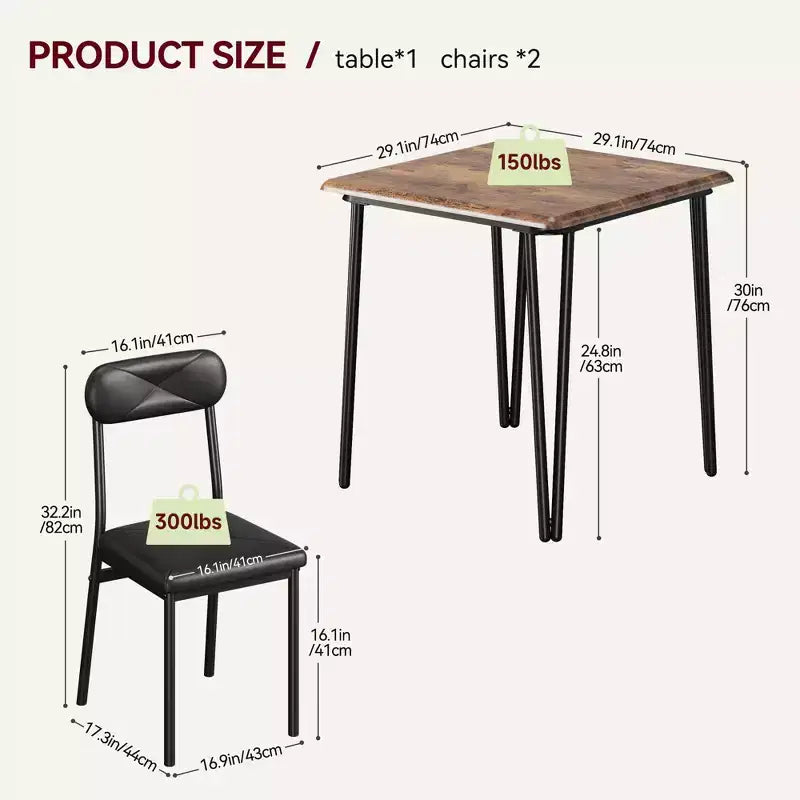 3 Piece Dining Table Set, Kitchen Dining Room Table Set for , Square Table, Metal Frame, MDF Board, Upholstered Chairs, Easy Assembly
