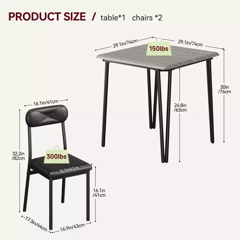 3 Piece Dining Table Set, Kitchen Dining Room Table Set for , Square Table, Metal Frame, MDF Board, Upholstered Chairs, Easy Assembly