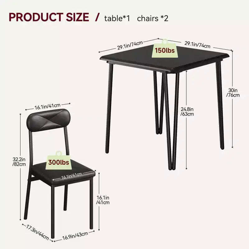 3 Piece Dining Table Set, Kitchen Dining Room Table Set for , Square Table, Metal Frame, MDF Board, Upholstered Chairs, Easy Assembly