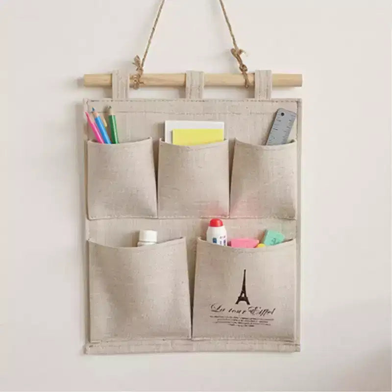 Alilang Hanging Wall Organizer with Eiffel Tower Print and Five Canvas Storage Pockets 12.5x9.5 in