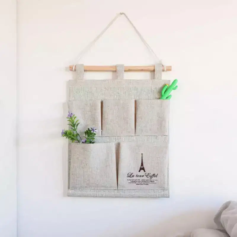 Alilang Hanging Wall Organizer with Eiffel Tower Print and Five Canvas Storage Pockets 12.5x9.5 in