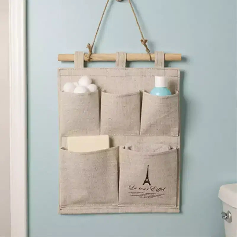 Alilang Hanging Wall Organizer with Eiffel Tower Print and Five Canvas Storage Pockets 12.5x9.5 in