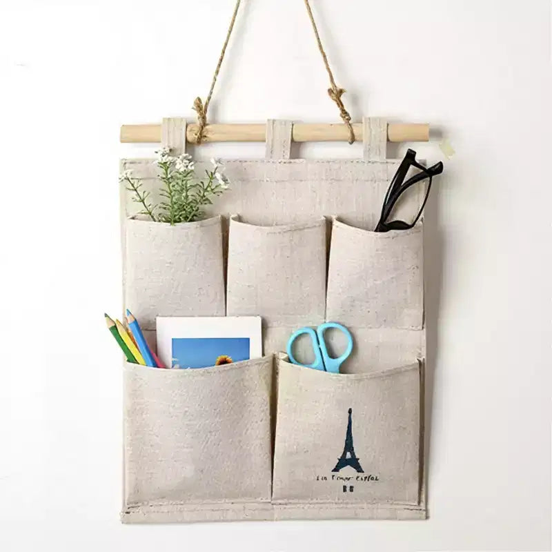 Alilang Hanging Wall Organizer with Eiffel Tower Print and Five Canvas Storage Pockets 12.5x9.5 in