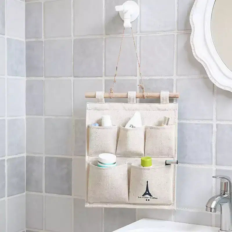 Alilang Hanging Wall Organizer with Eiffel Tower Print and Five Canvas Storage Pockets 12.5x9.5 in