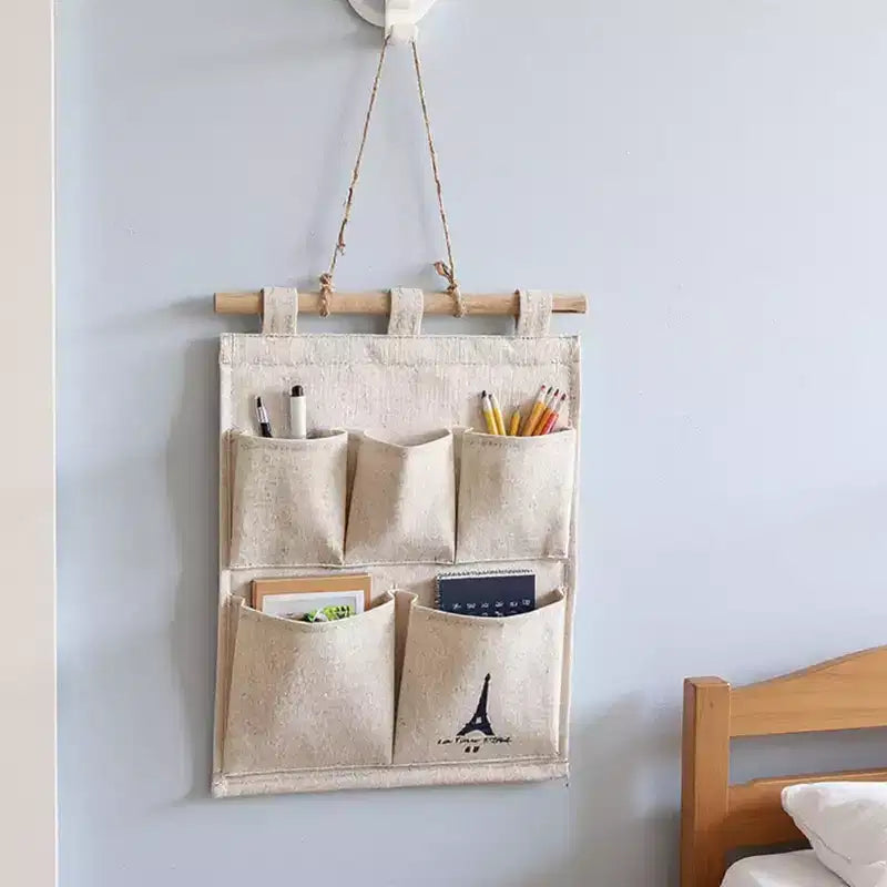 Alilang Hanging Wall Organizer with Eiffel Tower Print and Five Canvas Storage Pockets 12.5x9.5 in