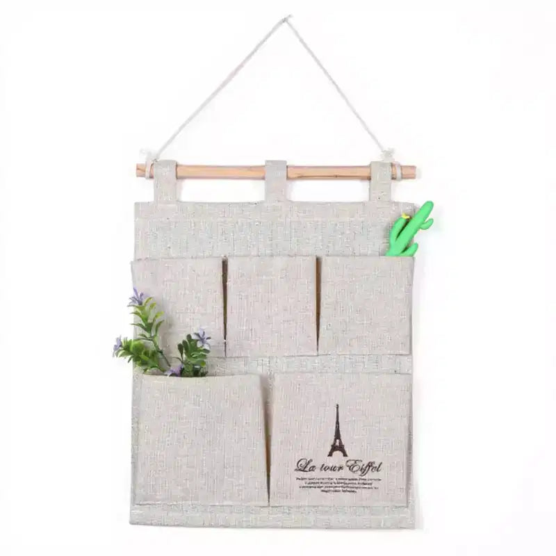 Alilang Hanging Wall Organizer with Eiffel Tower Print and Five Canvas Storage Pockets 12.5x9.5 in