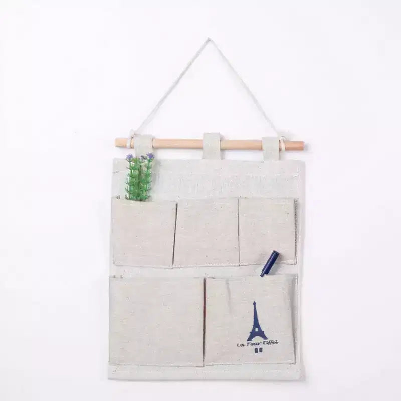 Alilang Hanging Wall Organizer with Eiffel Tower Print and Five Canvas Storage Pockets 12.5x9.5 in