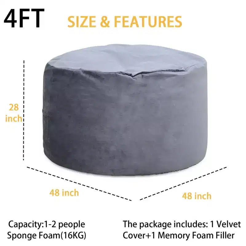 4 Ft Large Bean Bag Chairs for Adults/Teens with Shredded Foam Filling, Comfy Bean Bag Sofa with Filler Included, Soft Velvet Fabric Beanbags,4 Foot