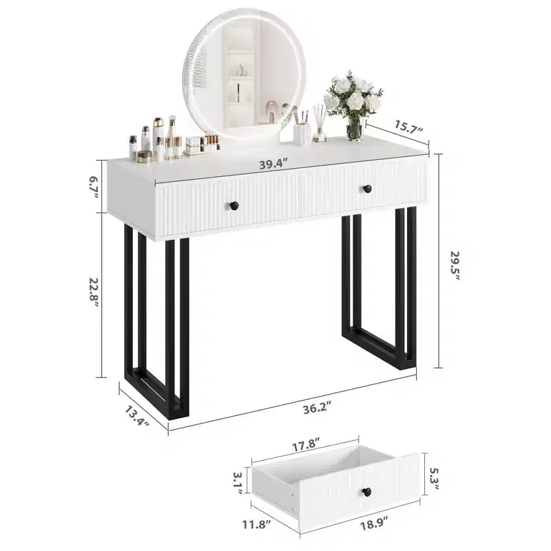 Double-Drawer Round Mirror Vanity Table - Modern Style Vanity Table with Lighting, Sturdy Iron Frame, MDF Construction, Two Spacious Drawers
