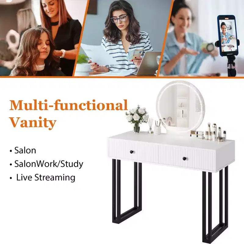 Double-Drawer Round Mirror Vanity Table - Modern Style Vanity Table with Lighting, Sturdy Iron Frame, MDF Construction, Two Spacious Drawers