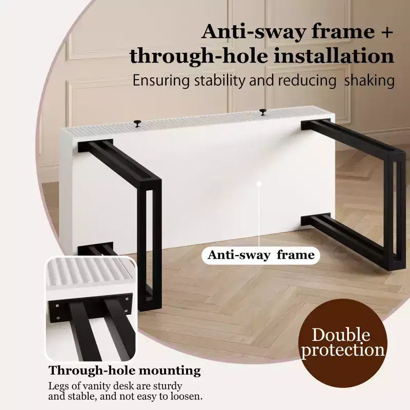 Double-Drawer Round Mirror Vanity Table - Modern Style Vanity Table with Lighting, Sturdy Iron Frame, MDF Construction, Two Spacious Drawers