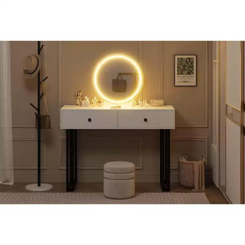 Double-Drawer Round Mirror Vanity Table - Modern Style Vanity Table with Lighting, Sturdy Iron Frame, MDF Construction, Two Spacious Drawers