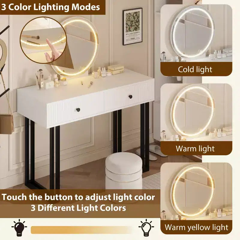 Double-Drawer Round Mirror Vanity Table - Modern Style Vanity Table with Lighting, Sturdy Iron Frame, MDF Construction, Two Spacious Drawers
