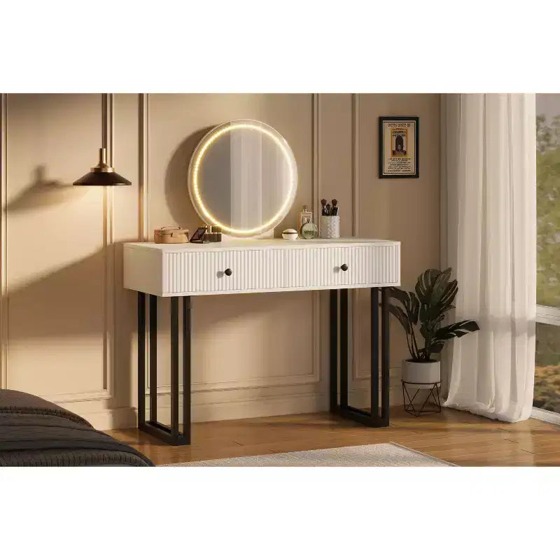 Double-Drawer Round Mirror Vanity Table - Modern Style Vanity Table with Lighting, Sturdy Iron Frame, MDF Construction, Two Spacious Drawers