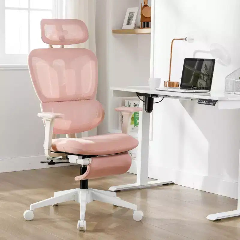 Pink Mesh Office Chair w/ Footrest, Adjustable Arms, Lumbar & Headrest, 360 Silent Wheels
