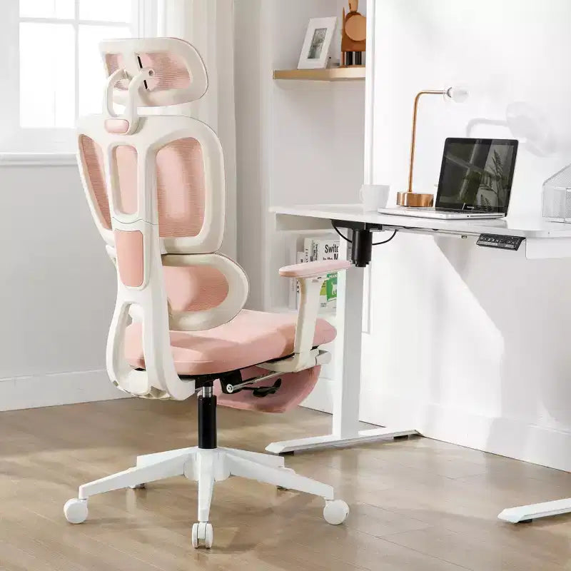 Pink Mesh Office Chair w/ Footrest, Adjustable Arms, Lumbar & Headrest, 360 Silent Wheels