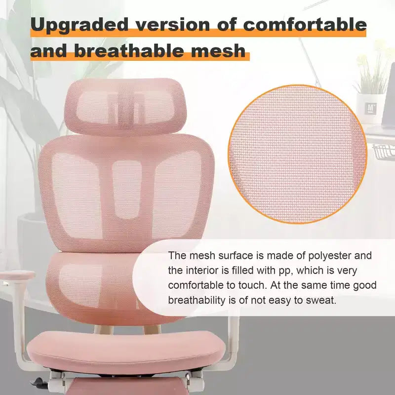 Pink Mesh Office Chair w/ Footrest, Adjustable Arms, Lumbar & Headrest, 360 Silent Wheels