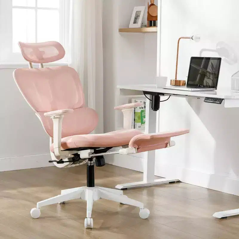 Pink Mesh Office Chair w/ Footrest, Adjustable Arms, Lumbar & Headrest, 360 Silent Wheels