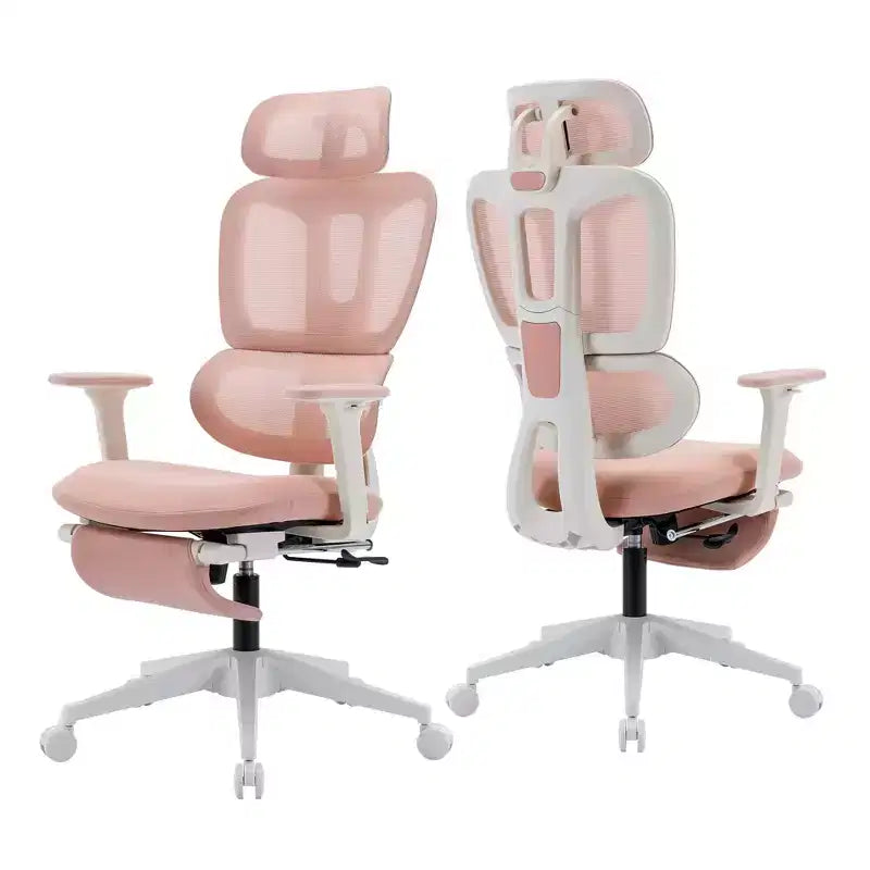 Pink Mesh Office Chair w/ Footrest, Adjustable Arms, Lumbar & Headrest, 360 Silent Wheels