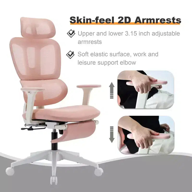 Pink Mesh Office Chair w/ Footrest, Adjustable Arms, Lumbar & Headrest, 360 Silent Wheels