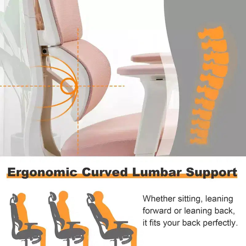 Pink Mesh Office Chair w/ Footrest, Adjustable Arms, Lumbar & Headrest, 360 Silent Wheels