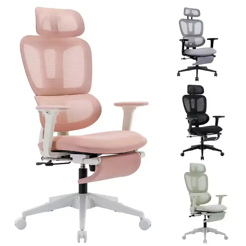 Pink Mesh Office Chair w/ Footrest, Adjustable Arms, Lumbar & Headrest, 360 Silent Wheels