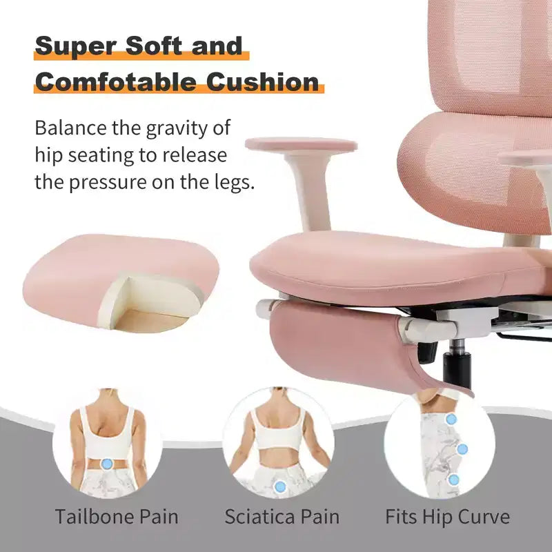 Pink Mesh Office Chair w/ Footrest, Adjustable Arms, Lumbar & Headrest, 360 Silent Wheels