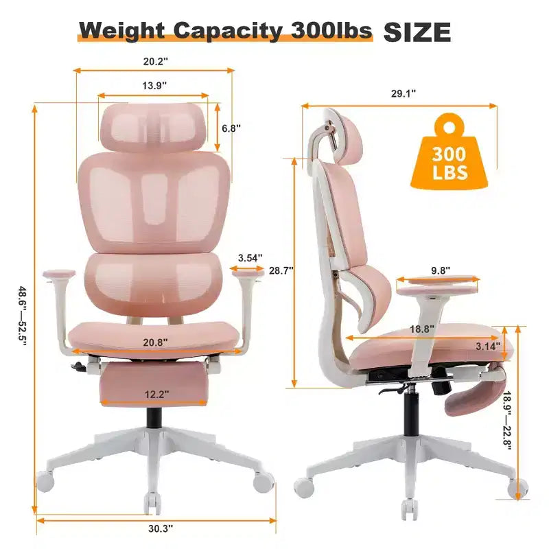 Pink Mesh Office Chair w/ Footrest, Adjustable Arms, Lumbar & Headrest, 360 Silent Wheels