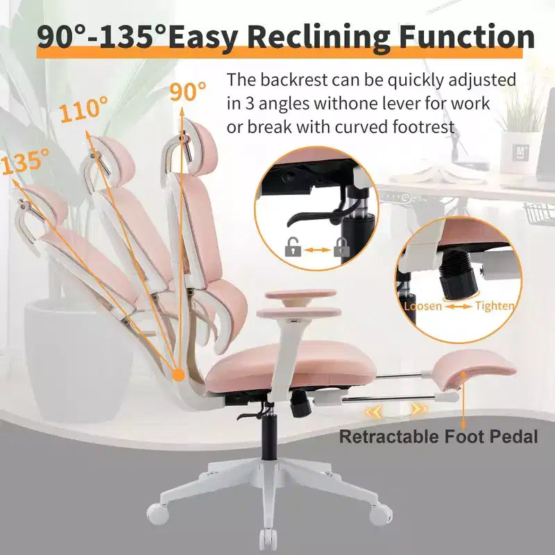 Pink Mesh Office Chair w/ Footrest, Adjustable Arms, Lumbar & Headrest, 360 Silent Wheels