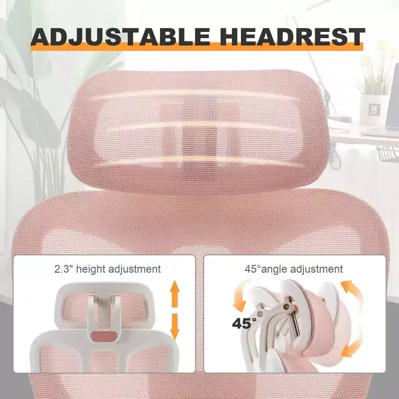 Pink Mesh Office Chair w/ Footrest, Adjustable Arms, Lumbar & Headrest, 360 Silent Wheels