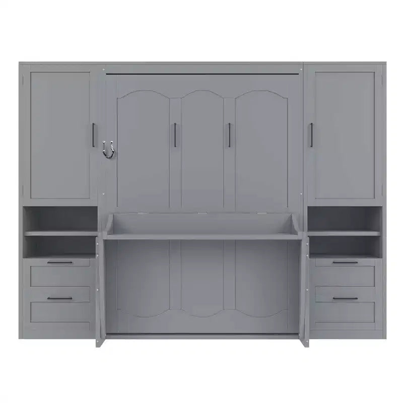 Full Murphy Bed Wall Bed with Closet, Full Size Cabinet Bed Folding Wall Bed with Storage Drawers and Shelves for Guest Room Office