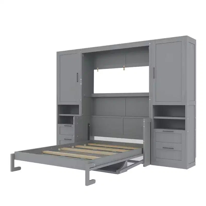Full Murphy Bed Wall Bed with Closet, Full Size Cabinet Bed Folding Wall Bed with Storage Drawers and Shelves for Guest Room Office