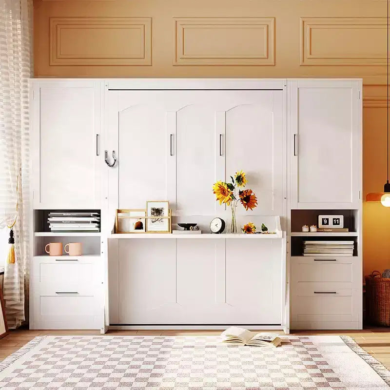 Full Murphy Bed Wall Bed with Closet, Full Size Cabinet Bed Folding Wall Bed with Storage Drawers and Shelves for Guest Room Office