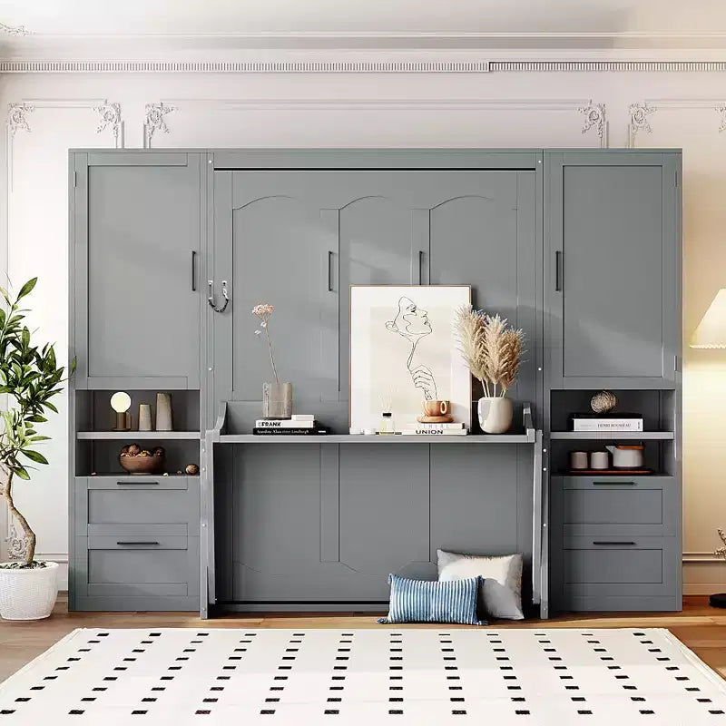 Full Murphy Bed Wall Bed with Closet, Full Size Cabinet Bed Folding Wall Bed with Storage Drawers and Shelves for Guest Room Office