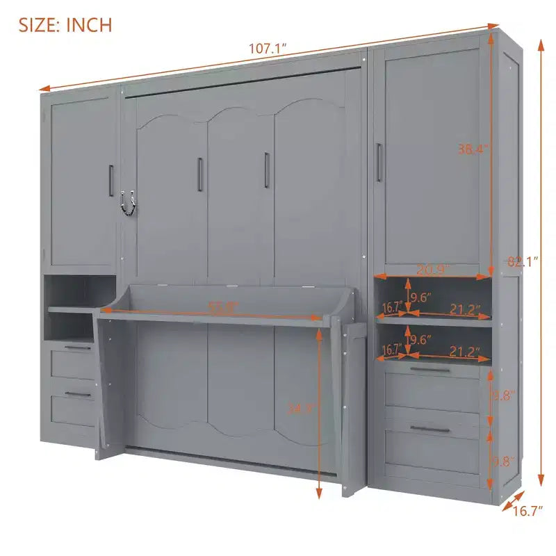 Full Murphy Bed Wall Bed with Closet, Full Size Cabinet Bed Folding Wall Bed with Storage Drawers and Shelves for Guest Room Office