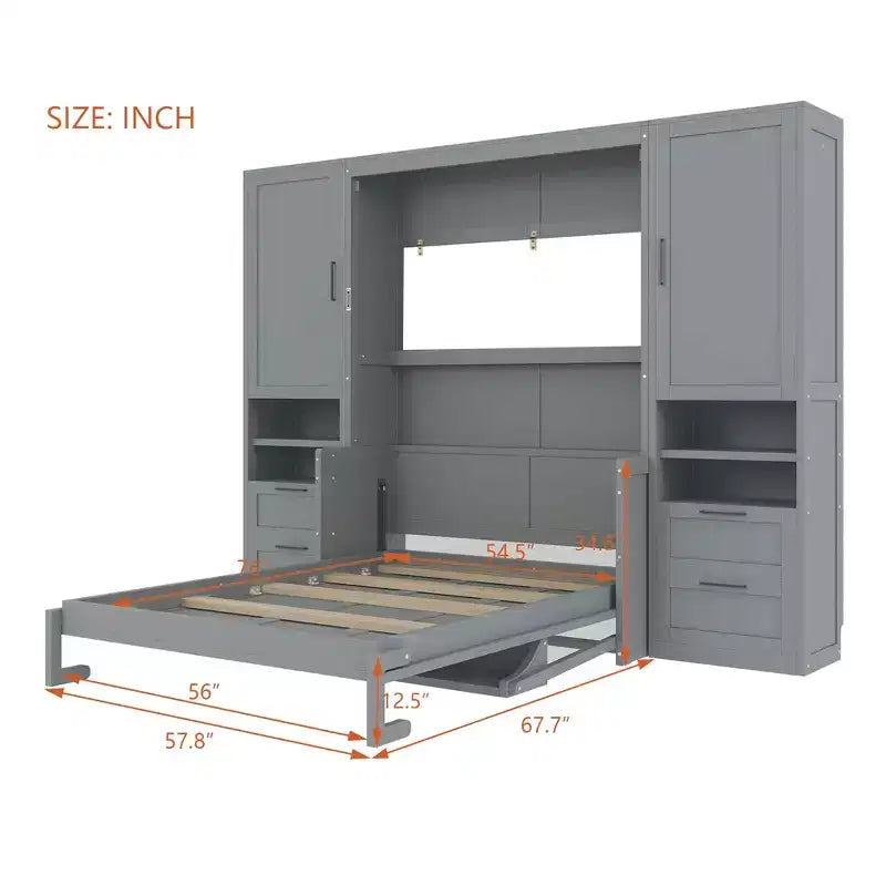 Full Murphy Bed Wall Bed with Closet, Full Size Cabinet Bed Folding Wall Bed with Storage Drawers and Shelves for Guest Room Office