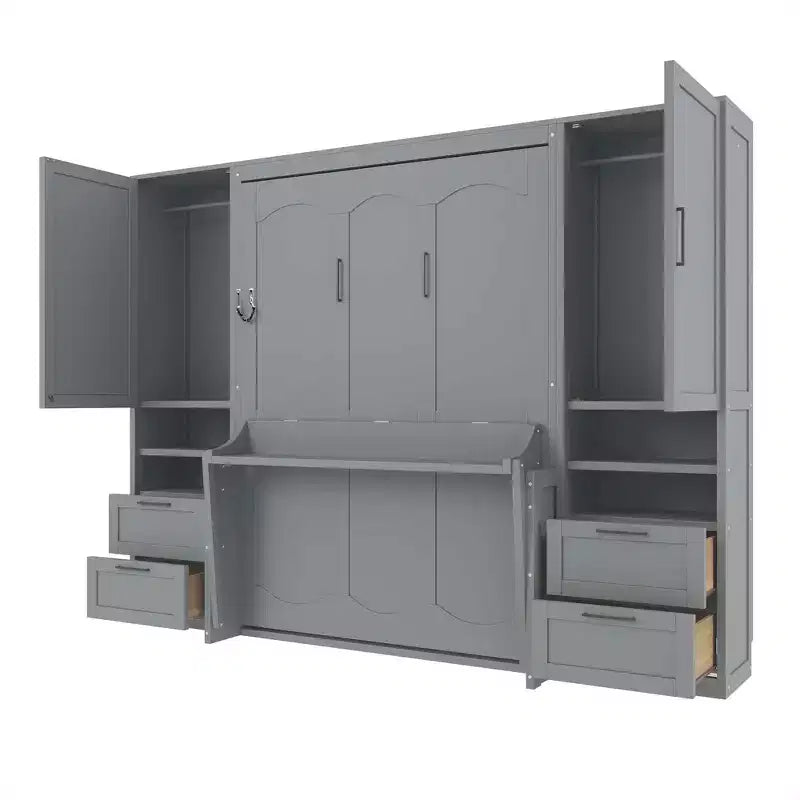 Full Murphy Bed Wall Bed with Closet, Full Size Cabinet Bed Folding Wall Bed with Storage Drawers and Shelves for Guest Room Office