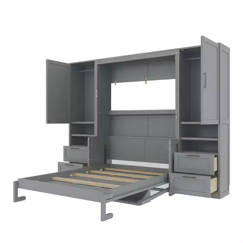 Full Murphy Bed Wall Bed with Closet, Full Size Cabinet Bed Folding Wall Bed with Storage Drawers and Shelves for Guest Room Office