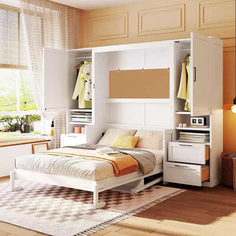 Full Murphy Bed Wall Bed with Closet, Full Size Cabinet Bed Folding Wall Bed with Storage Drawers and Shelves for Guest Room Office